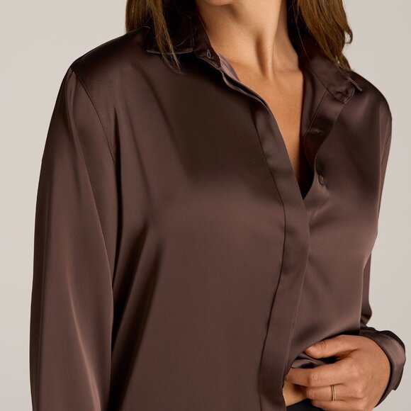 American Tall Relaxed Button Up Tall Women's Blouse in Chocolate Mocha Size LL / - Picture 2 of 3